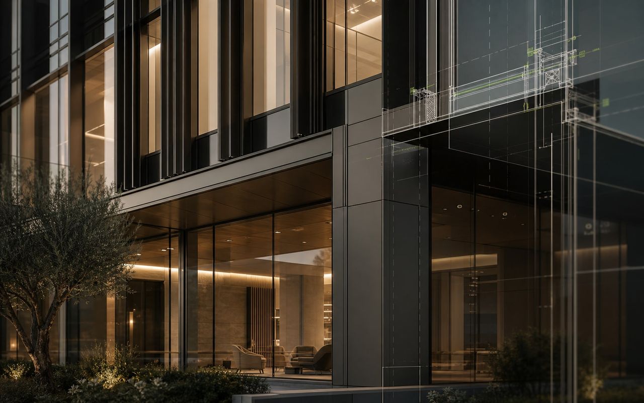 Premium architectural facade with aluminium glazing and warm cladding