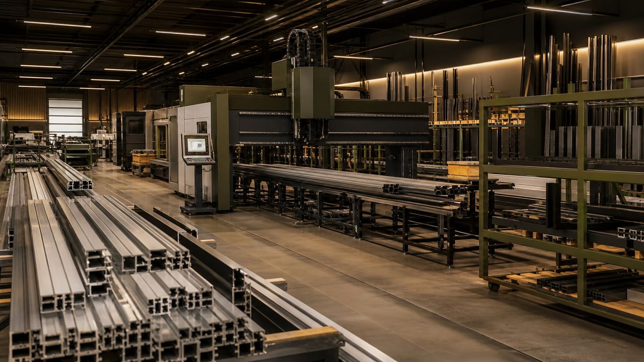 Facade manufacturing workshop with aluminium profiles and production equipment